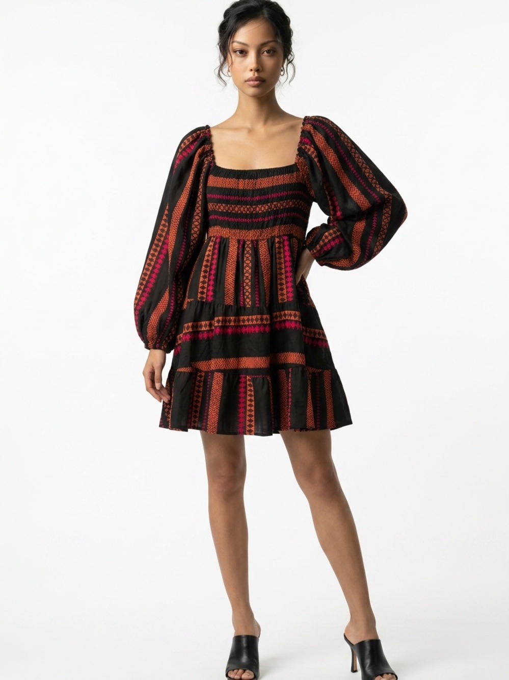 SOFIA | NEW Handmade Black Dress with Red & Orange Pattern Women’s One Size